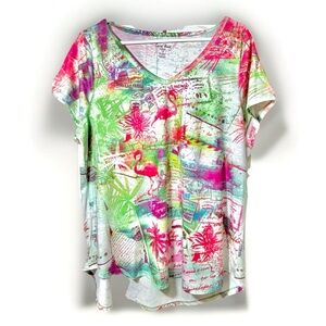 Coral Bay Women’s Tee Shirt Size 1X Colorful Tropical Flamingo Rhinestone Shirt